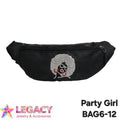 A black waist bag with a rhinestone-embellished 'Party Girl' afro graphic, shown against a plain white background with a 'LEGACY Jewelry & Accessories' logo and 'Party Girl BAG6-12' text overlays.