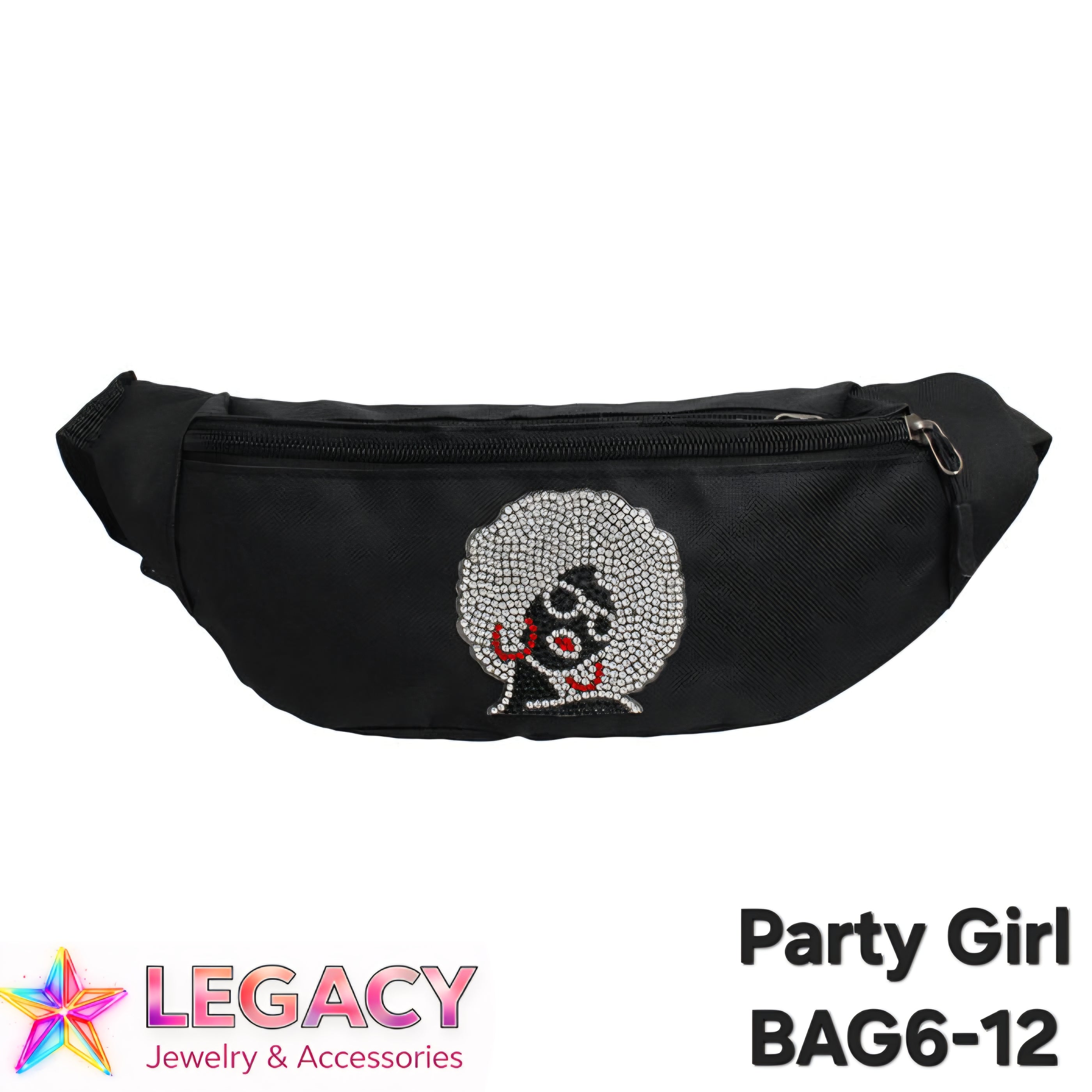 A black waist bag with a rhinestone-embellished 'Party Girl' afro graphic, shown against a plain white background with a 'LEGACY Jewelry & Accessories' logo and 'Party Girl BAG6-12' text overlays.