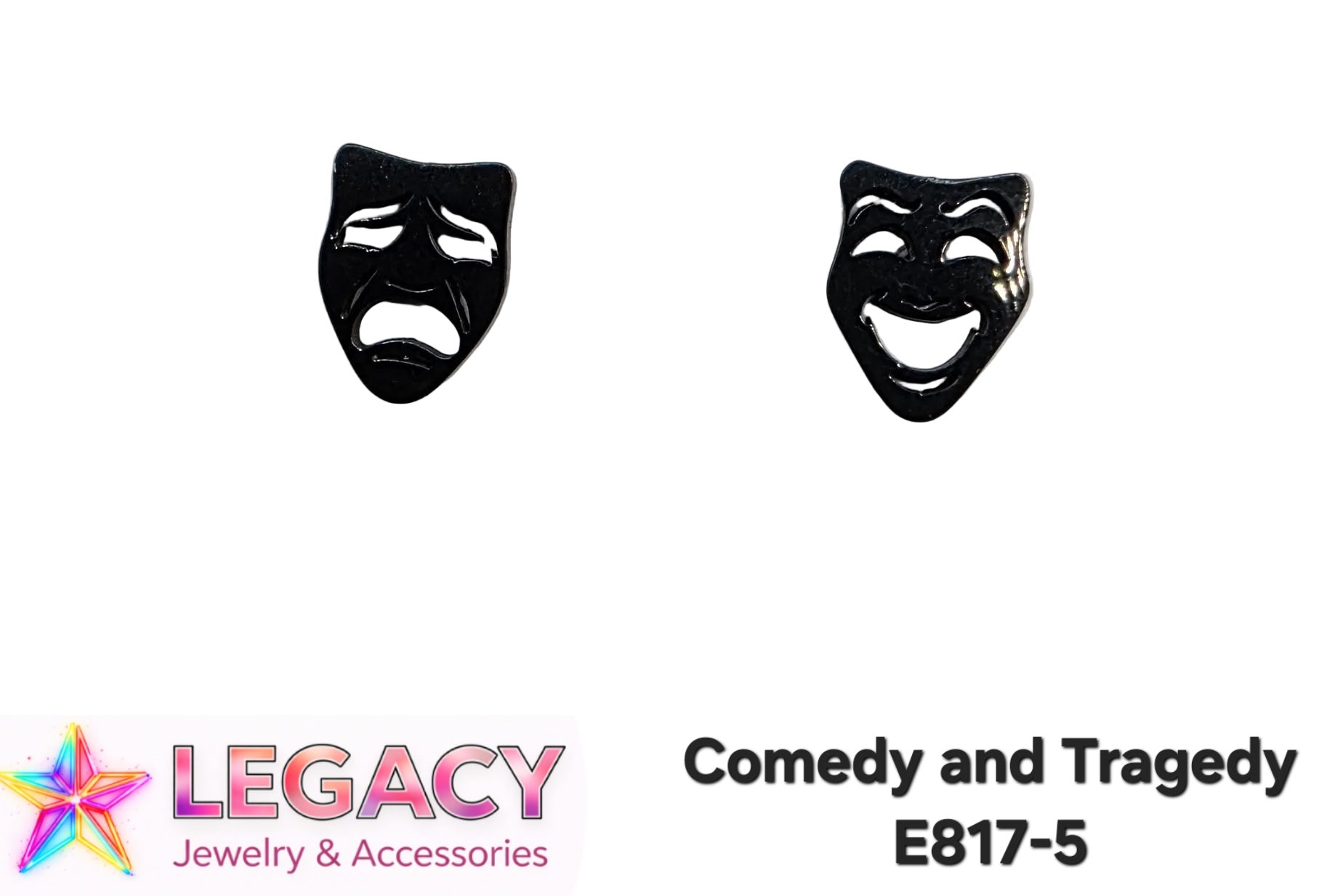 Two small black jewelry pieces shaped like theatrical masks, one with a crying face and one with a laughing face, shown on a white background with the text 'Comedy and Tragedy' and the brand name 'LEGACY Jewelry & Accessories'.