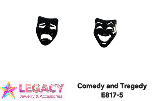 Two small black jewelry pieces shaped like theatrical masks, one with a crying face and one with a laughing face, shown on a white background with the text 'Comedy and Tragedy' and the brand name 'LEGACY Jewelry & Accessories'.