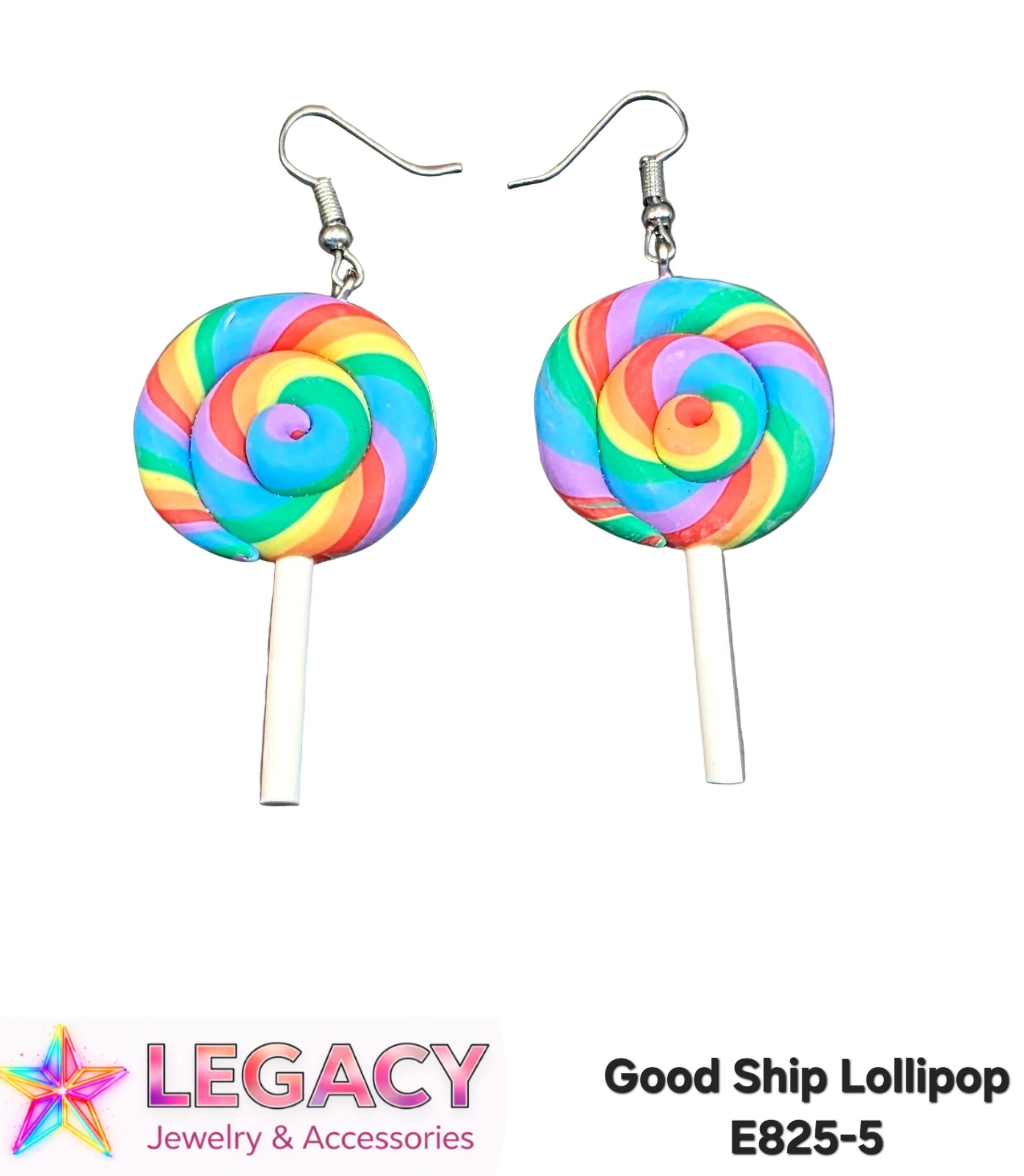 A pair of dangling earrings shaped like colorful lollipops with silver fishhook wires. The lollipops have rainbow swirls in blue, green, yellow, orange, pink, and purple.