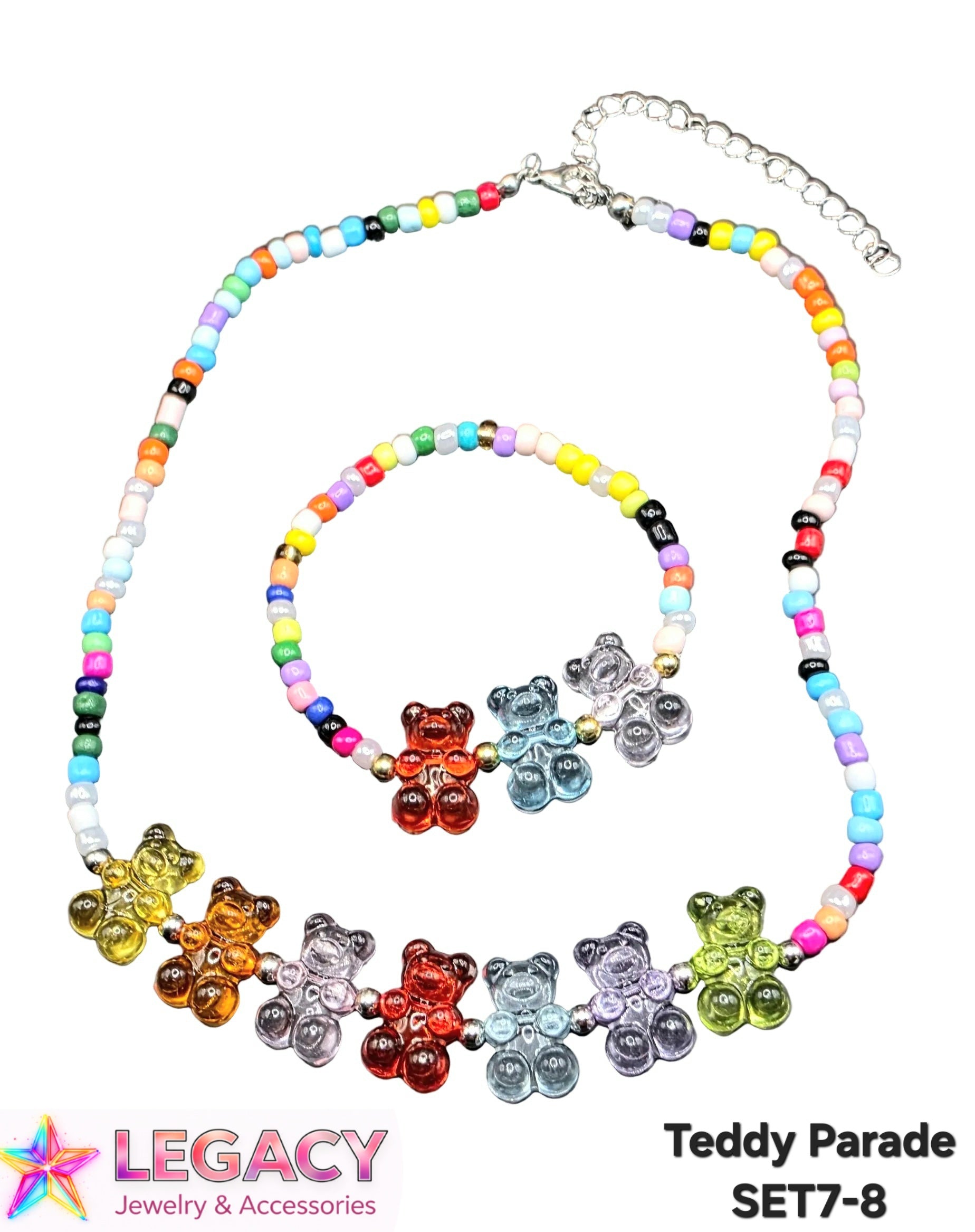 A matching necklace and bracelet set featuring colorful round beads and translucent teddy bear charms in multiple colors, shown on a white background with a Legacy Jewelry & Accessories logo and product code text.
