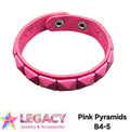 A pink studded leather bracelet with a textured interior and silver-tone snap closures, shown on a white background with a Legacy Jewelry & Accessories logo and the text 'Pink Pyramids B4-5' at the bottom.