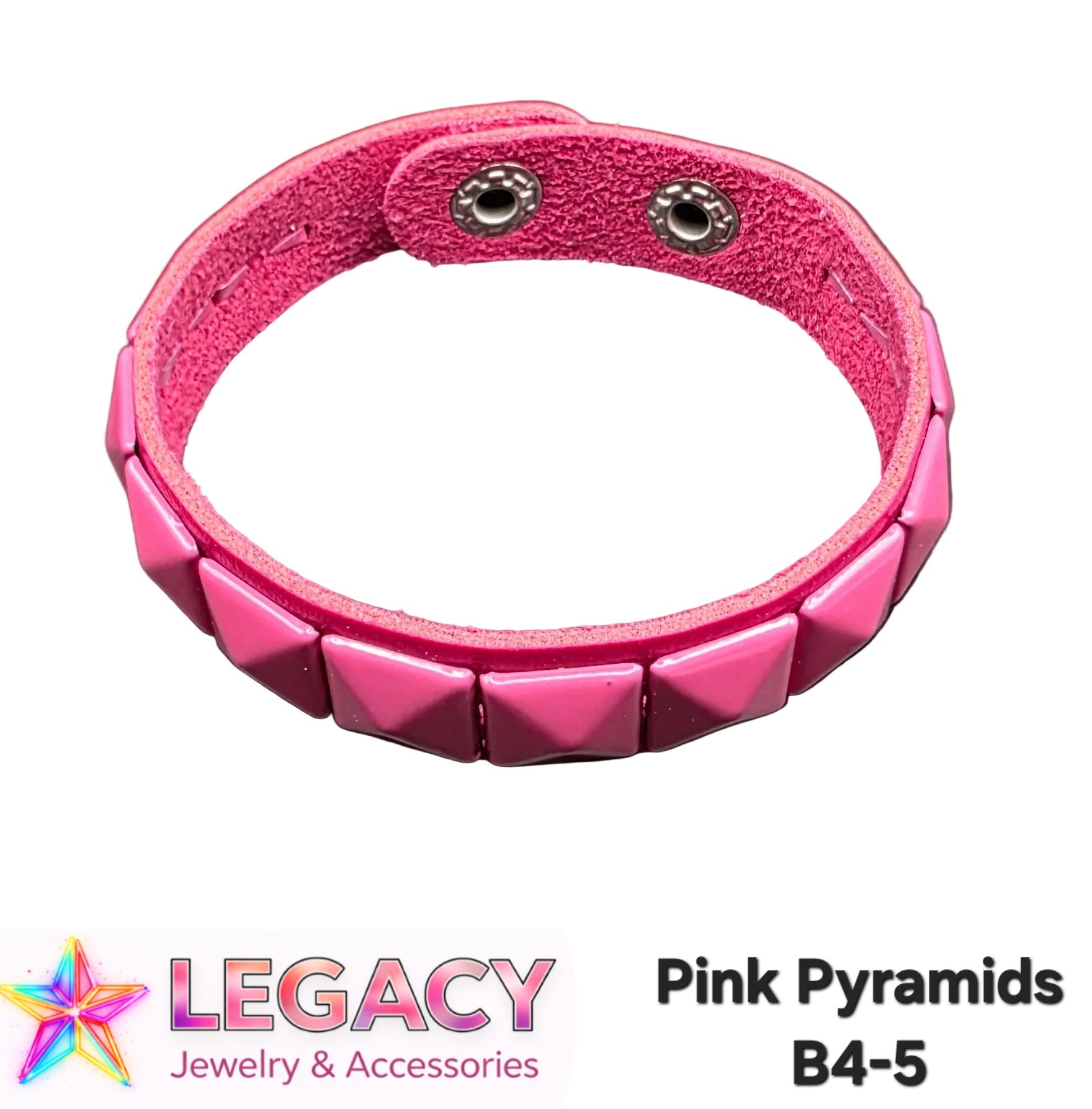 A pink studded leather bracelet with a textured interior and silver-tone snap closures, shown on a white background with a Legacy Jewelry & Accessories logo and the text 'Pink Pyramids B4-5' at the bottom.
