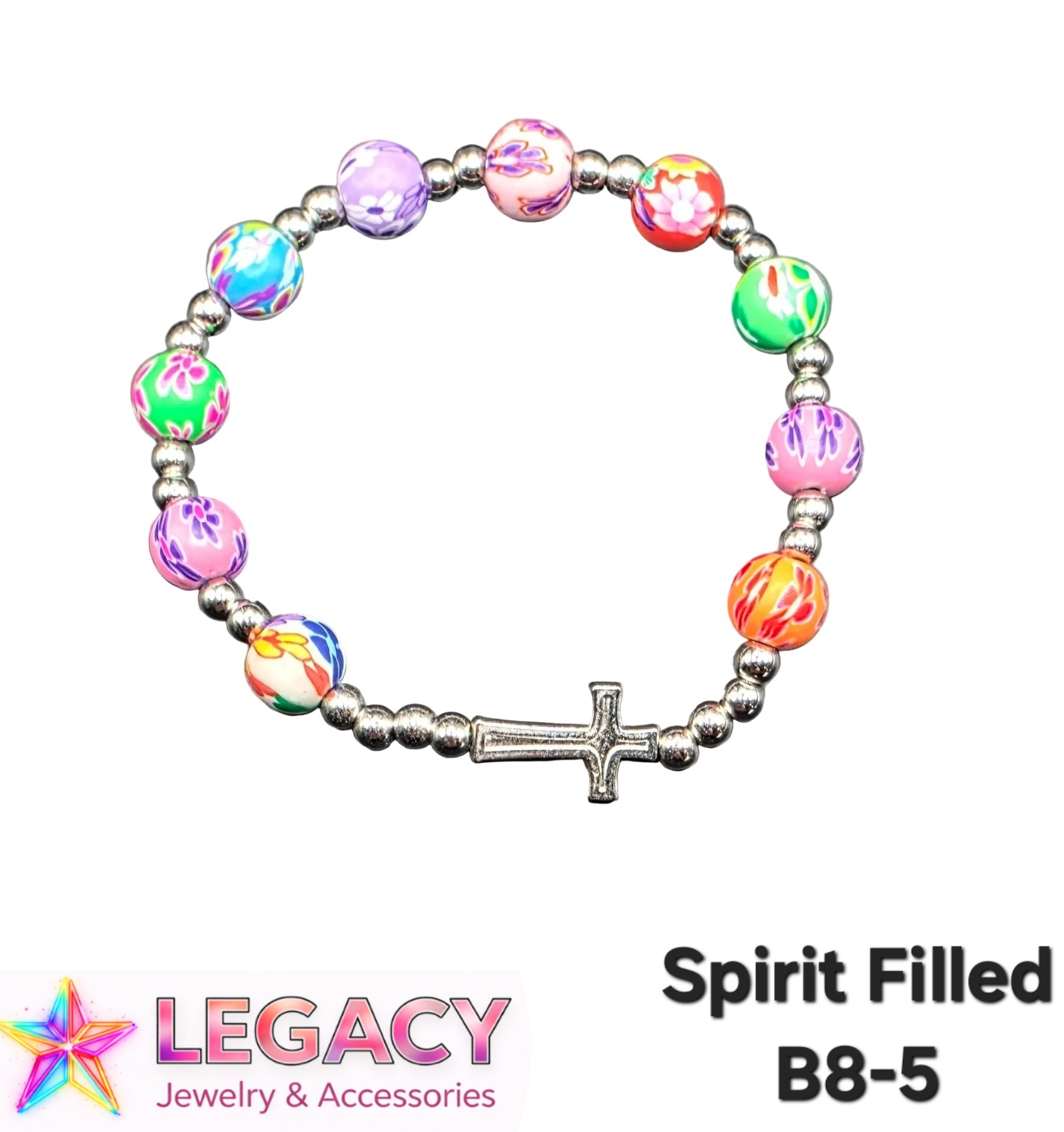A multicolor beaded stretch bracelet with silver-toned spacer beads and a silver cross charm, displayed on a white background with 'LEGACY Jewelry & Accessories' and 'Spirit Filled B8-5' text.