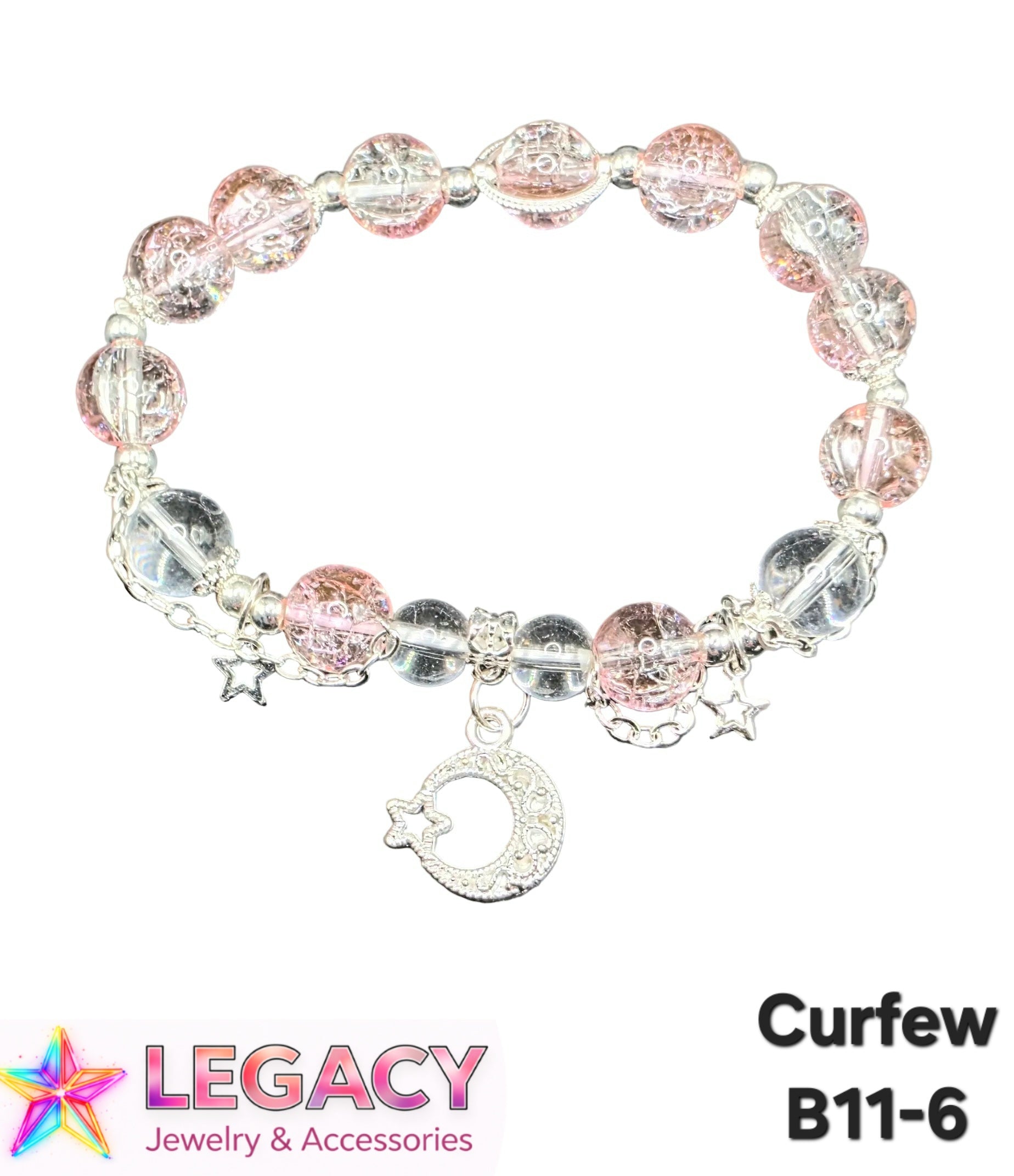 A beaded stretch bracelet with pink and clear faceted beads, silver-toned metal links, small star charms, and a crescent moon charm with a star, shown on a white background with 'LEGACY Jewelry & Accessories' and 'Curfew B11-6' text.
