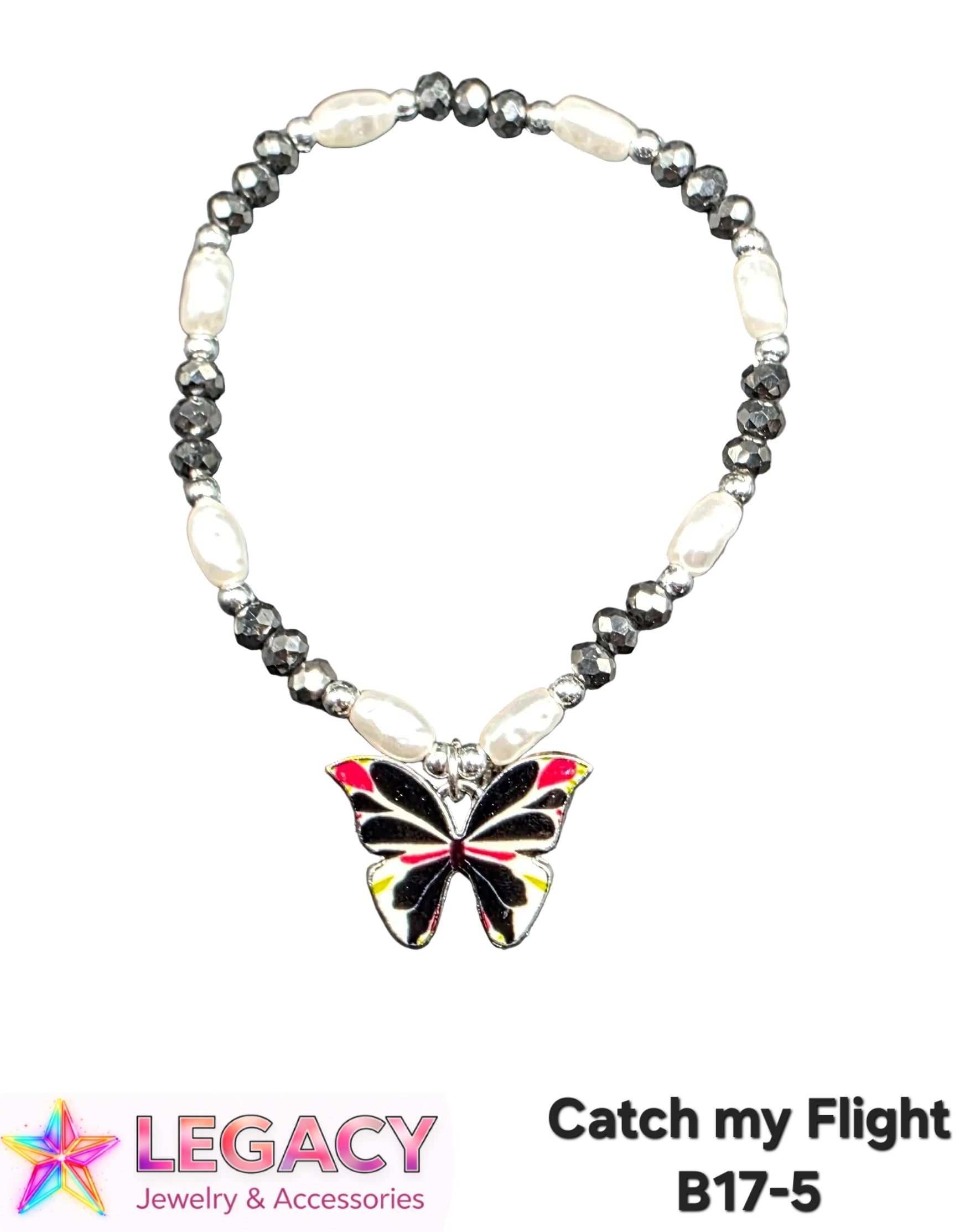 A beaded necklace with alternating white baroque pearls and faceted dark gray beads, featuring a central butterfly charm with black, red, and yellow enamel detailing. The necklace is displayed on a white background with a 'Legacy Jewelry & Accessories' logo and the text 'Catch my Flight B17-5' at the bottom.