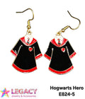 A pair of gold-tone fishhook earrings shaped like Hogwarts robes, featuring black enamel with red trim and a small white and red crest. The image includes a Legacy Jewelry & Accessories logo and the text 'Hogwarts Hero E824-5' on a white background.