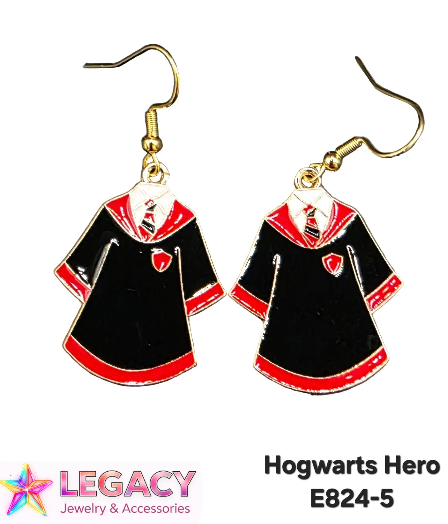 A pair of gold-tone fishhook earrings shaped like Hogwarts robes, featuring black enamel with red trim and a small white and red crest. The image includes a Legacy Jewelry & Accessories logo and the text 'Hogwarts Hero E824-5' on a white background.